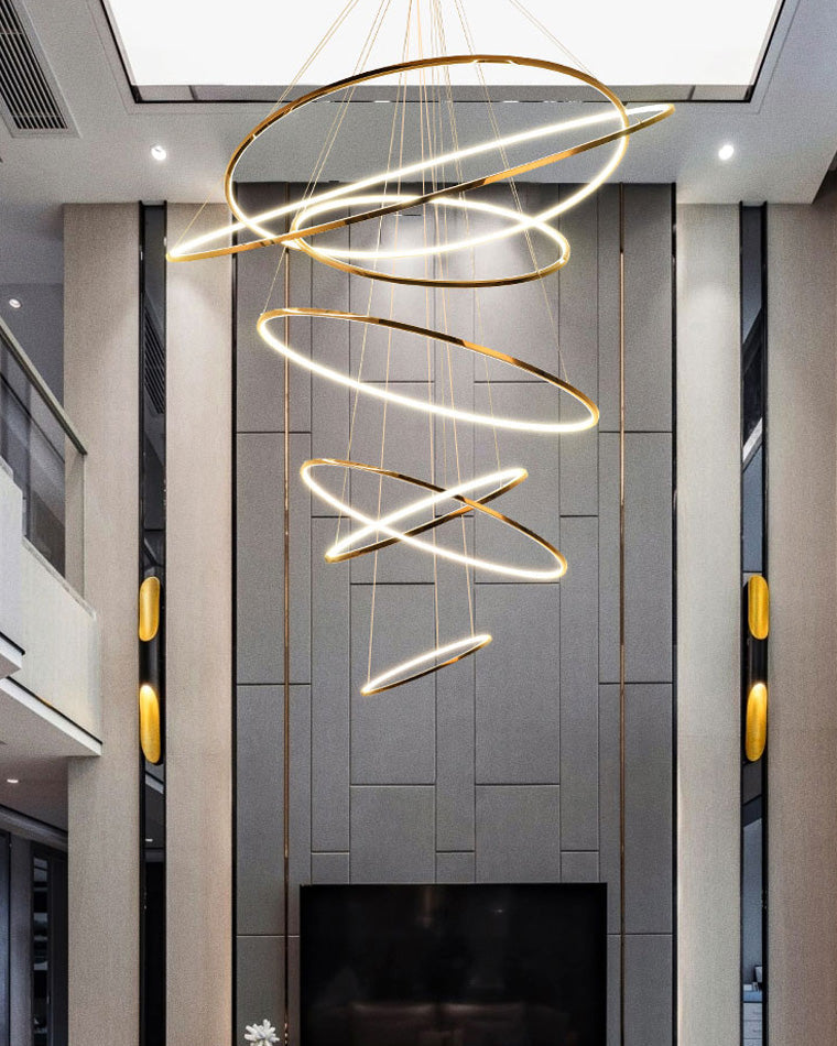 Lustre à anneaux LED en cascade à plusieurs niveaux pour grandes entrées et hauts escaliers – Éclairage décoratif moderne réglable en hauteur avec variateur à distance