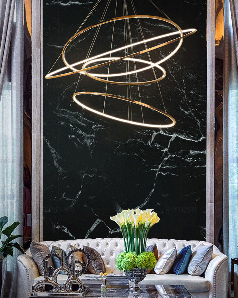 Lustre à anneaux LED en cascade à plusieurs niveaux pour grandes entrées et hauts escaliers – Éclairage décoratif moderne réglable en hauteur avec variateur à distance