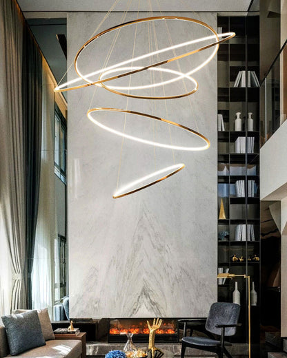 Lustre à anneaux LED en cascade à plusieurs niveaux pour grandes entrées et hauts escaliers – Éclairage décoratif moderne réglable en hauteur avec variateur à distance