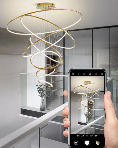 Lustre à anneaux LED en cascade à plusieurs niveaux pour grandes entrées et hauts escaliers – Éclairage décoratif moderne réglable en hauteur avec variateur à distance