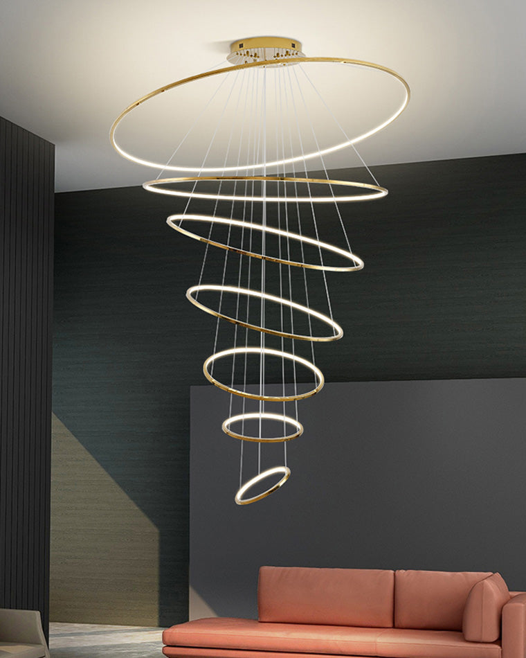 Lustre à anneaux LED en cascade à plusieurs niveaux pour grandes entrées et hauts escaliers – Éclairage décoratif moderne réglable en hauteur avec variateur à distance