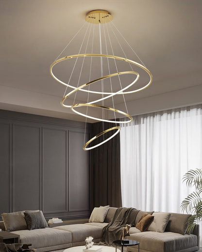 Lustre à anneaux LED en cascade à plusieurs niveaux pour grandes entrées et hauts escaliers – Éclairage décoratif moderne réglable en hauteur avec variateur à distance