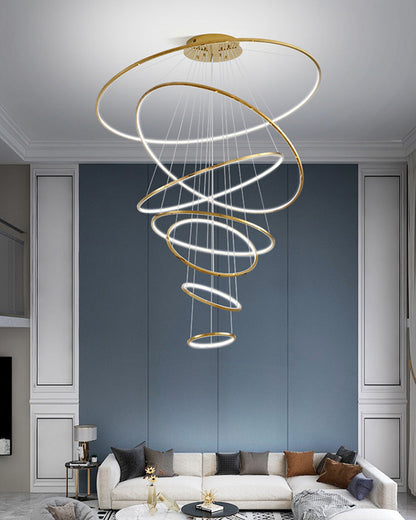Lustre à anneaux LED en cascade à plusieurs niveaux pour grandes entrées et hauts escaliers – Éclairage décoratif moderne réglable en hauteur avec variateur à distance