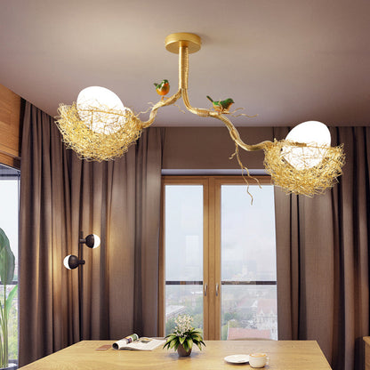 Bird Nest Pendant Light Fixture with Milky White Globe Shades | Hand-Crafted Metal Art Deco Chandelier for Dining Room, Kitchen Island &