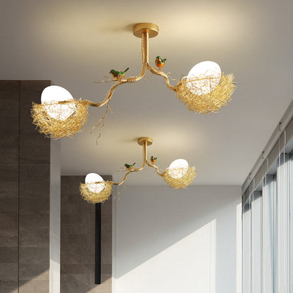Bird Nest Pendant Light Fixture with Milky White Globe Shades | Hand-Crafted Metal Art Deco Chandelier for Dining Room, Kitchen Island &