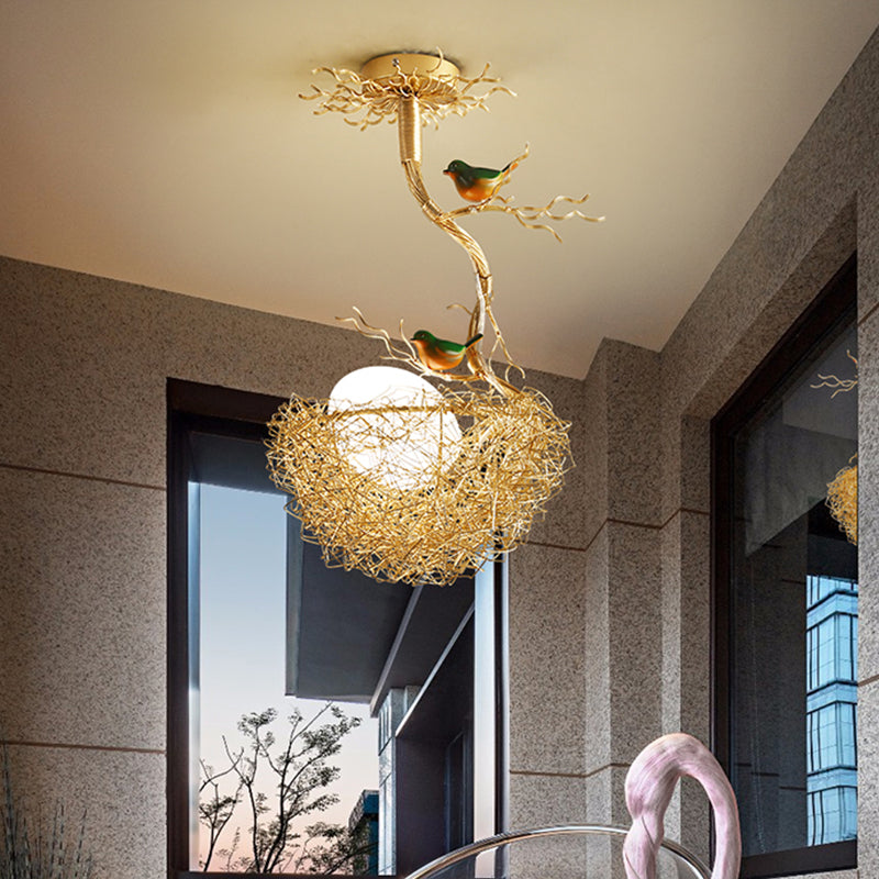 Bird Nest Pendant Light Fixture with Milky White Globe Shades | Hand-Crafted Metal Art Deco Chandelier for Dining Room, Kitchen Island &