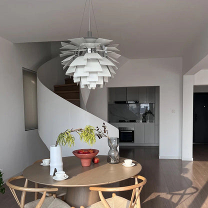 Sculptural Metal Shade Hanging Fixture 20 in Adjustable Height Overhead Lighting for Dining Room Kitchen Island Entryway Warm Glow Installat