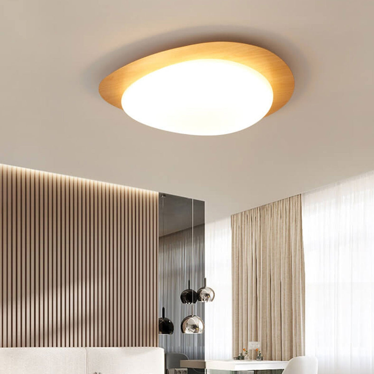 Oval Stone-Textured LED Ceiling Mount Light with Timber Finish for Bedrooms | Modern Hardwired Close-to-Ceiling Fixture for Living Rooms &