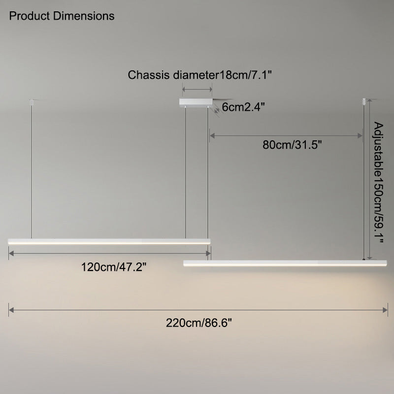 Suspended LED Strip Fixture for Countertop Islands – Dimmable Metal Bar Light with Remote in Matte or Gloss White – 39 to 102 in Adjustable