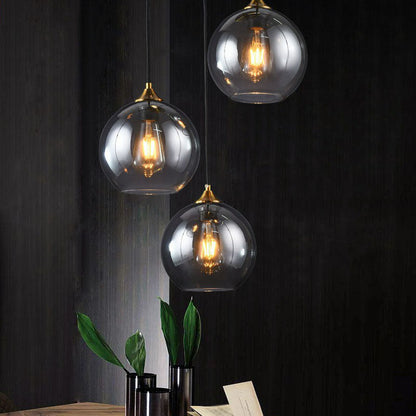 Three-Light Hanging Ceiling Fixture with Tapered Glass Globes in Antique Brass Finish for Dining Room Kitchen Island