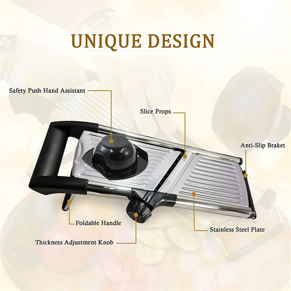 Adjustable Vegetable Slicer with 6 Thickness Settings & Safety Guard for Potatoes, Cucumbers, Carrots