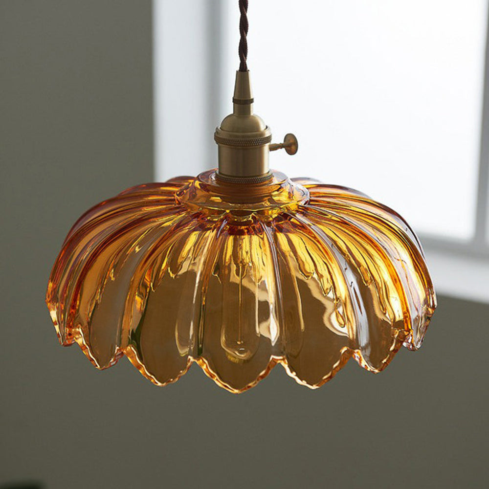 Floral Glass Shade Ceiling Fixture Green 10 Inch Adjustable Cord E27 Socket for Dining Room Kitchen Hallway Vintage Copper Accent Home Light
