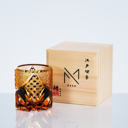Geometric Cut Crystal Rocks Glass for Bourbon, Scotch & Neat Spirits | Dark Amber Tumbler with Wooden Gift Box for Home Bar & Whisky Enthusi