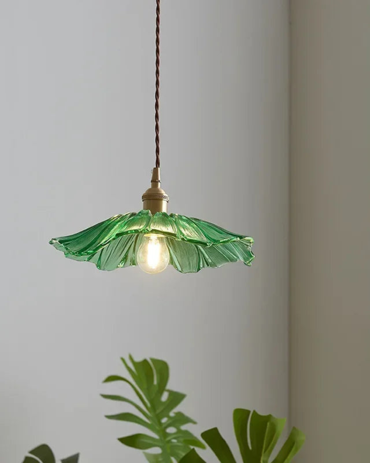 Glass Pendant Light with Brass Socket and Organic Petal Shape for Dining Room and Living Space