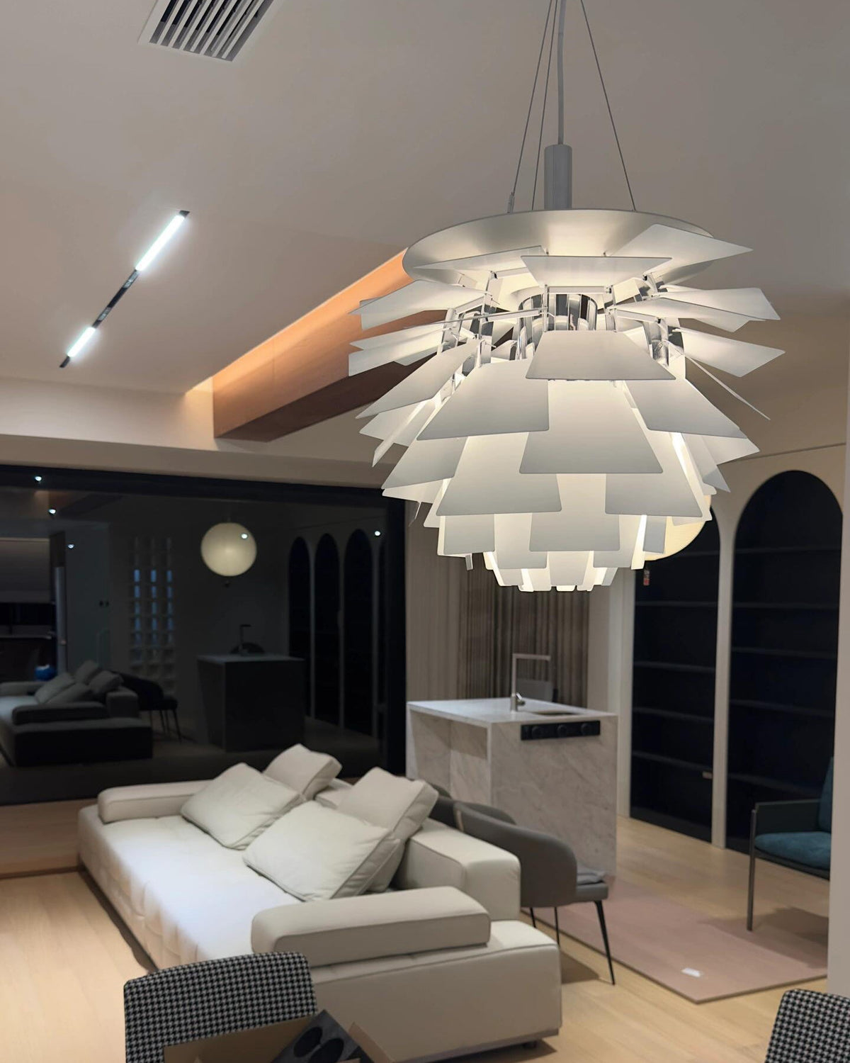 Layered Metal Fixture 19 in Wide Warm White E27 Socket Adjustable Height Kitchen Island Dining Room Cord Suspended Overhead Lighting Texture