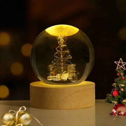 3D Engraved Crystal Planet Sphere Night Light on Wood Base USB Powered Desk Lamp Warm White LED Glow for Bedroom Living Room Nursery Space