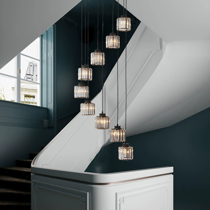 Multi-Tier Hanging Fixture with Crystal Droplets & Brass Frame for Two-Story Foyer, Dining Room, Stairwell – Adjustable Height Spiral Arrang