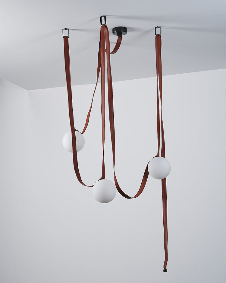 Leather Hanging Lamp with Glass Shade 6-Inch Brown Fixture for Kitchen Island Dining Table Multi-Light Ceiling Suspension for Modern Contemp