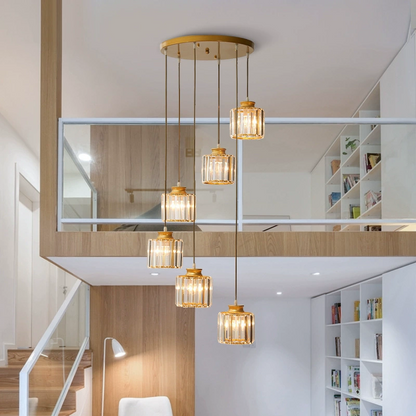 Multi-Tier Hanging Fixture with Crystal Droplets & Brass Frame for Two-Story Foyer, Dining Room, Stairwell – Adjustable Height Spiral Arrang