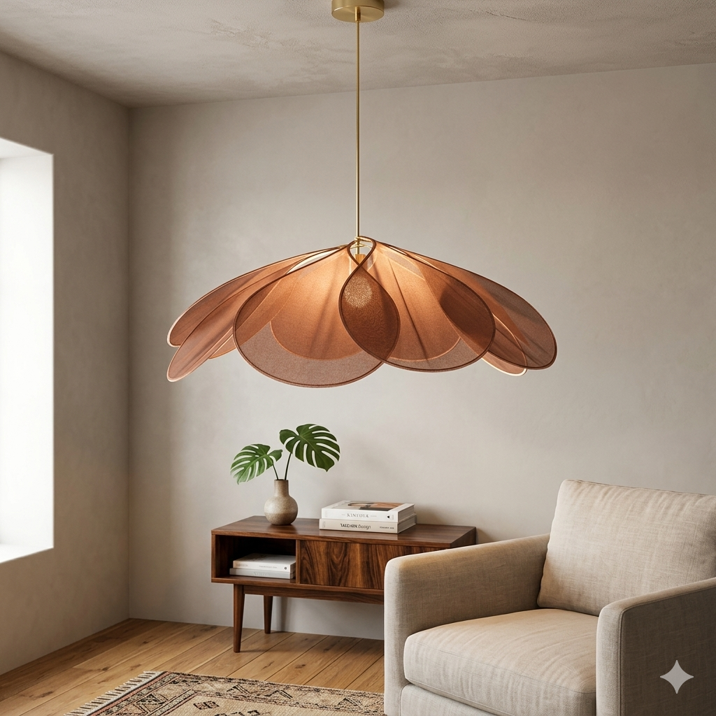 Fabric Flower Pendant Light with Adjustable Height in Brown, Coffee, Beige & Khaki – Soft Ambient Hanging Lamp for Bedrooms Dining Areas Liv
