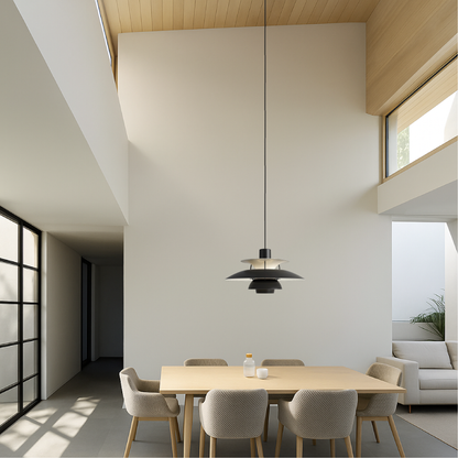 Layered Aluminum Hanging Lamp 12 in Diameter Contemporary Overhead Fixture for Kitchens and Dining Spaces E27 Socket Black Finish Modern Hom