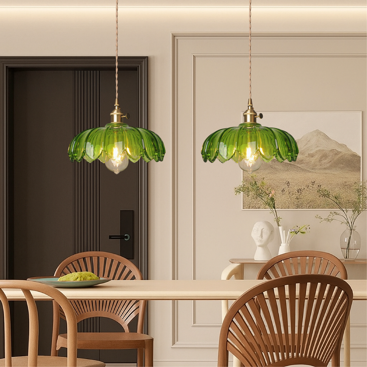 Floral Glass Hanging Light for Kitchen Island & Dining Table – Adjustable Cord, Textured Shade, Brass Accent – 8 in Diameter Fixture for Mod