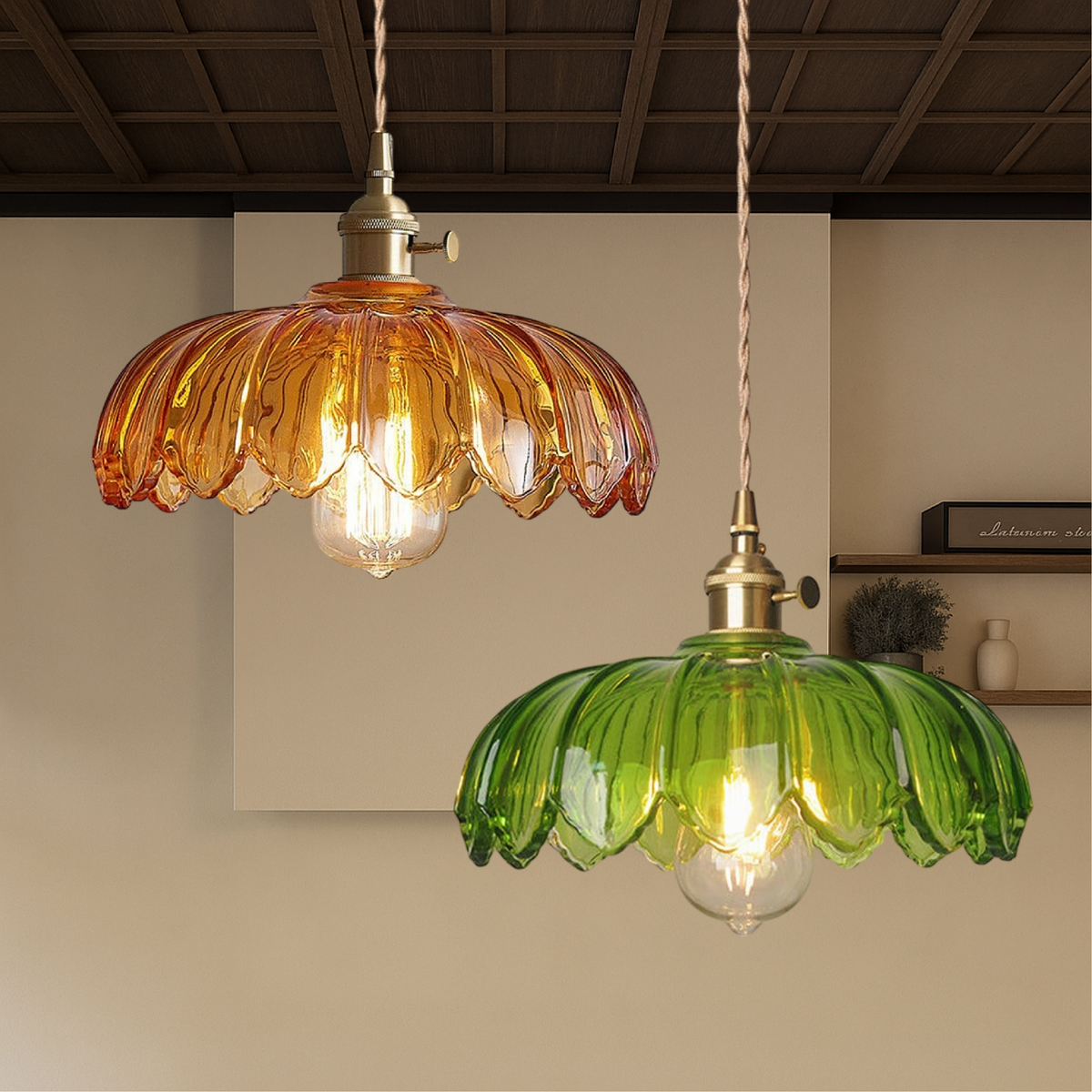 Floral Glass Hanging Light for Kitchen Island & Dining Table – Adjustable Cord, Textured Shade, Brass Accent – 8 in Diameter Fixture for Mod