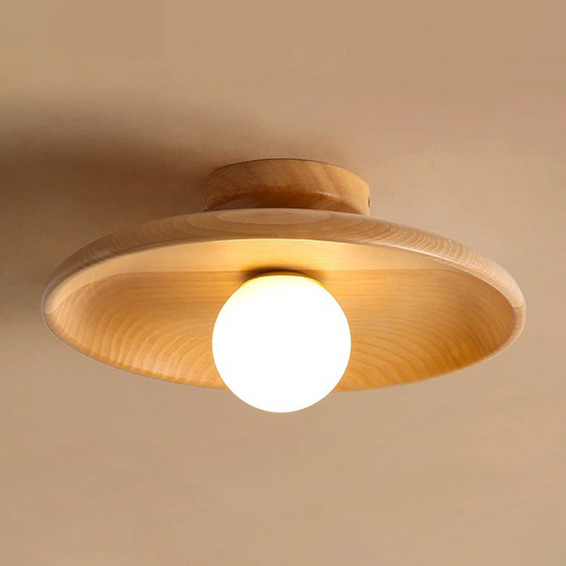 Wood Grain Semi-Flush Ceiling Light for Hallway and Entryway, Single Bulb Bowl Fixture for Low Ceilings, Modern Farmhouse Style, 11-Inch
