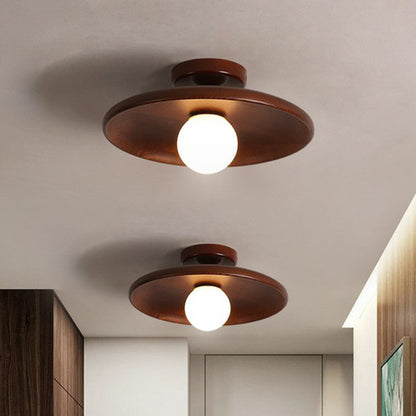 Wood Grain Semi-Flush Ceiling Light for Hallway and Entryway, Single Bulb Bowl Fixture for Low Ceilings, Modern Farmhouse Style, 11-Inch