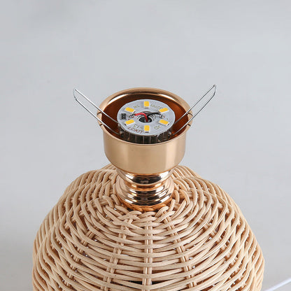 Nordic Rattan Table Lamp with Fabric Shade, USB Powered & Infinitely Dimmable LED Light for Bedroom, Living Room, Study