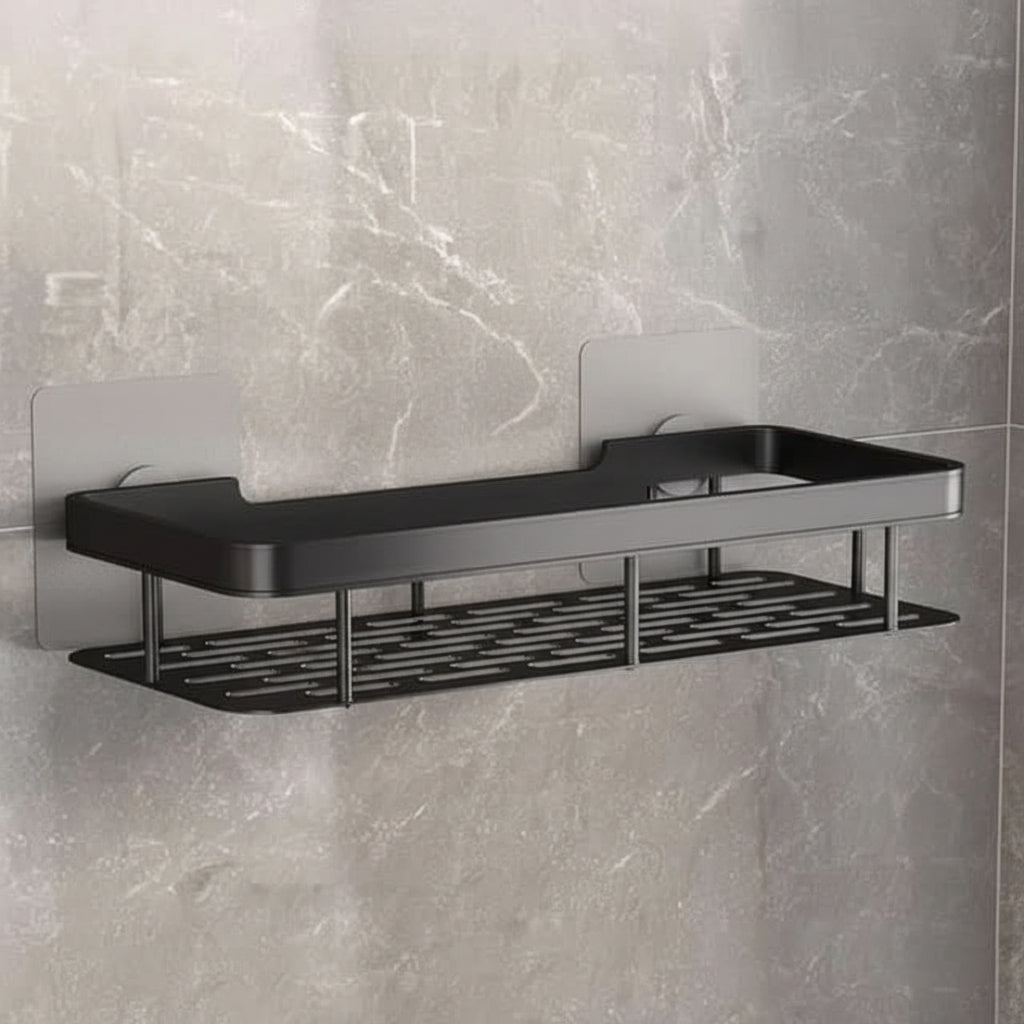 Organisateur de douche d'angle adhésif à montage mural – Étagère de rangement étanche sans perçage pour salle de bain, toilettes et lavabo – ABS et acier en noir ou argent