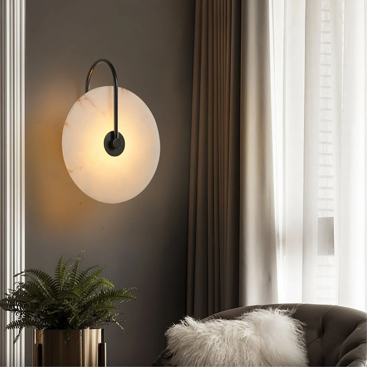 Natural Stone Sconce with Integrated LED 6-12 inch Diameter Warm White Light for Bedroom Hallway Living Room Available in Gold or Black Meta