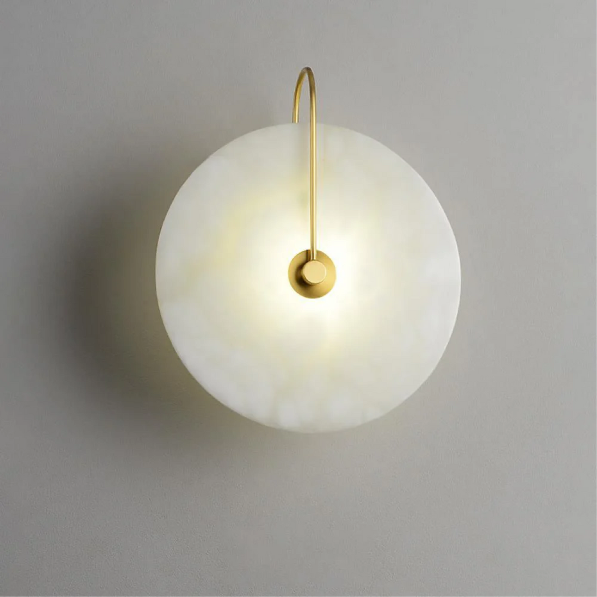 Alabaster Disc Sconce with Gold Arm – Natural Stone Wall Light for Bedroom, Living Room & Hallway – Integrated LED 6 to 12 Inch – Warm White