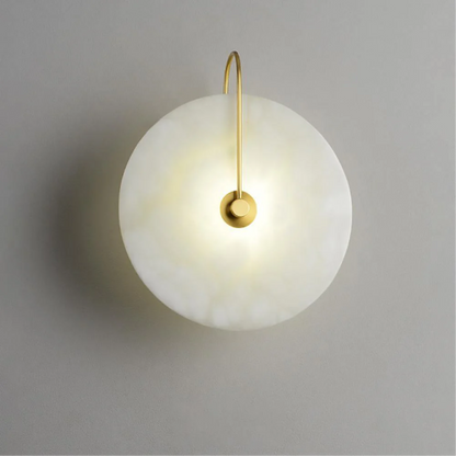 Alabaster Disc Sconce with Gold Arm – Natural Stone Wall Light for Bedroom, Living Room & Hallway – Integrated LED 6 to 12 Inch – Warm White