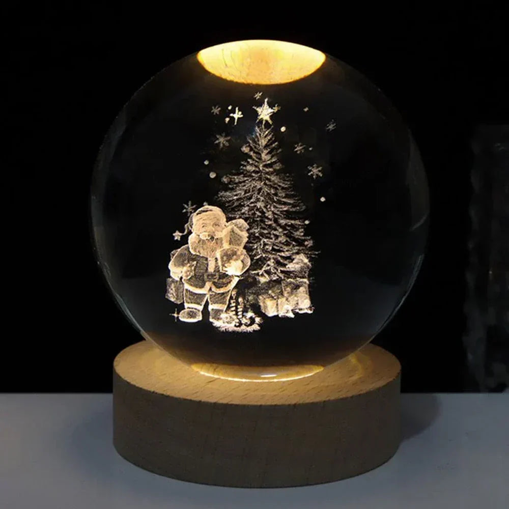 3D Engraved Crystal Planet Sphere Night Light on Wood Base USB Powered Desk Lamp Warm White LED Glow for Bedroom Living Room Nursery Space