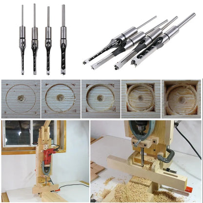 Mortising Drill Bit Set 4-Piece Square Hole Cutter Kit 1/4 to 1/2 Inch Sizes for Woodworking DIY Carpentry Projects Joinery Furniture Making
