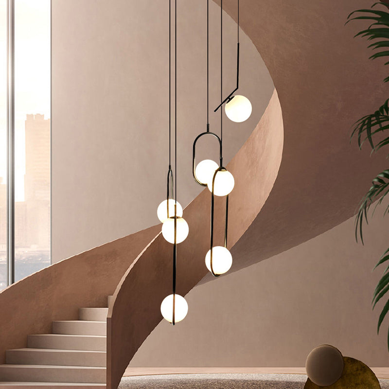 Multi-Globe Glass Pendant Chandelier – Modern Stairwell Lighting Fixture, Black Metal Frame, 5-6 Lights for Entryway Living Room Dining