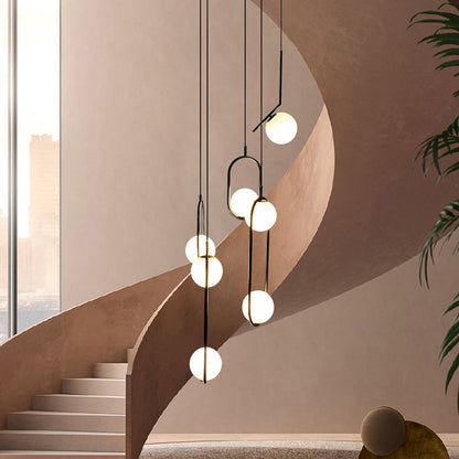 Multi-Globe Glass Pendant Chandelier – Modern Stairwell Lighting Fixture, Black Metal Frame, 5-6 Lights for Entryway Living Room Dining
