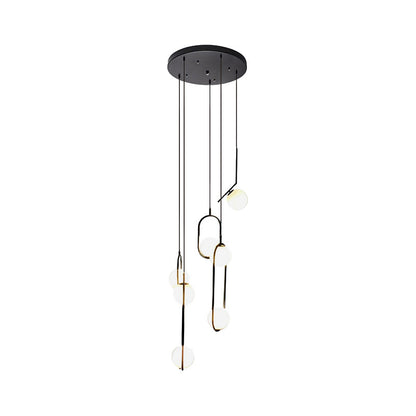 Multi-Globe Glass Pendant Chandelier – Modern Stairwell Lighting Fixture, Black Metal Frame, 5-6 Lights for Entryway Living Room Dining