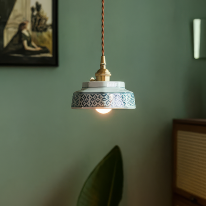 Ceramic Hanging Lamp with Hand-Painted Design & Copper Socket for Kitchen Island, Dining Room, Bedroom & Cafe | Scandinavian Style Fixture