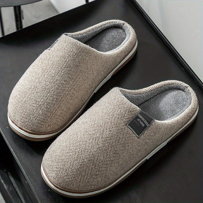 Men's Plush Herringbone Slippers – Warm Indoor House Shoes with Non-Slip Grip for Fall & Winter