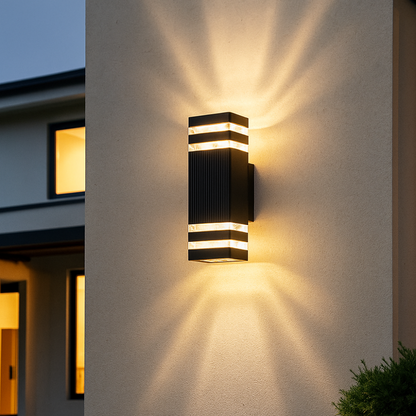 Exterior Sconce with Dual-Beam Illumination – Weatherproof Cylindrical Fixture for Entryways, Patios & Gardens – E27 Socket, IP65 Rating, Bl