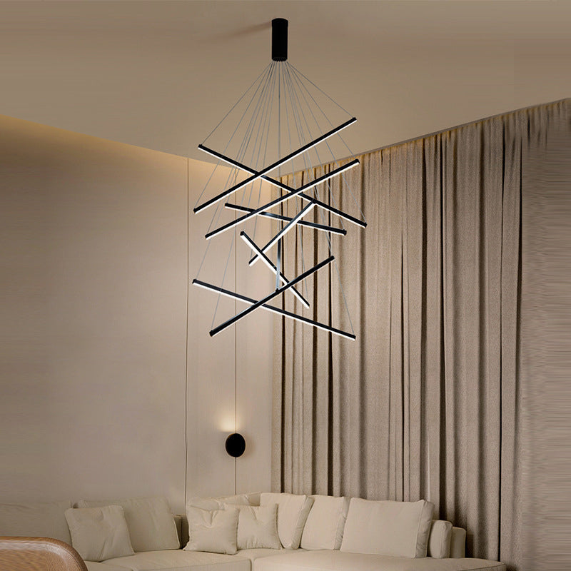Modern Linear LED Chandelier Black Metal Multi-Tier Pendant Light for Living Room Foyer Kitchen Island Dining Room