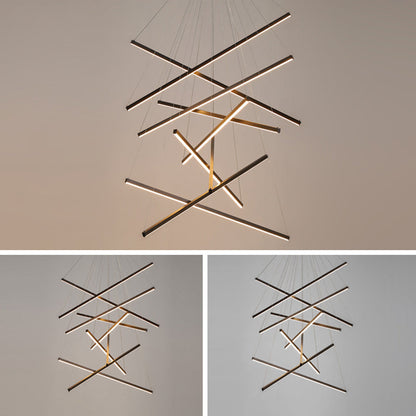 Modern Linear LED Chandelier Black Metal Multi-Tier Pendant Light for Living Room Foyer Kitchen Island Dining Room