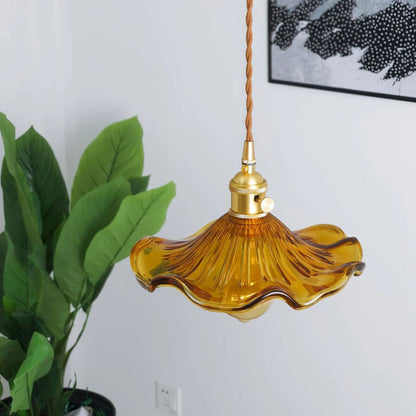 Glass Ceiling Light with Sculptural Ripple Edge – 9 in Hanging Fixture with Metal Hardware for Kitchen, Dining Area, or Bedroom – Adjustable