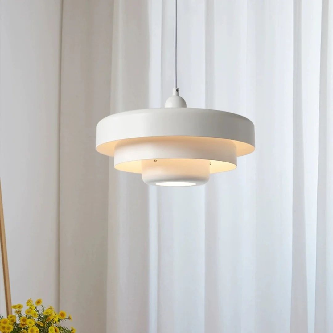 Hanging Iron Ceiling Fixture 14 Inch Layered Shade Height-Adjustable for Kitchen Dining Room Bedroom Modern Retro Downlight E27 Socket