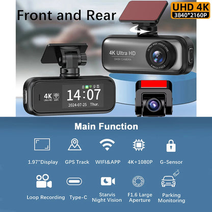 4K Dual-Lens Car Camera with WiFi Monitoring & GPS Tracking for Front & Rear Recording