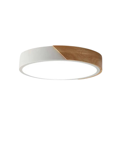 Round Flush Mount Ceiling Light with Wood Accent and Integrated LED – Modern Low Profile Fixture in 9, 12, 16, 20, and 24 inch Sizes for Liv