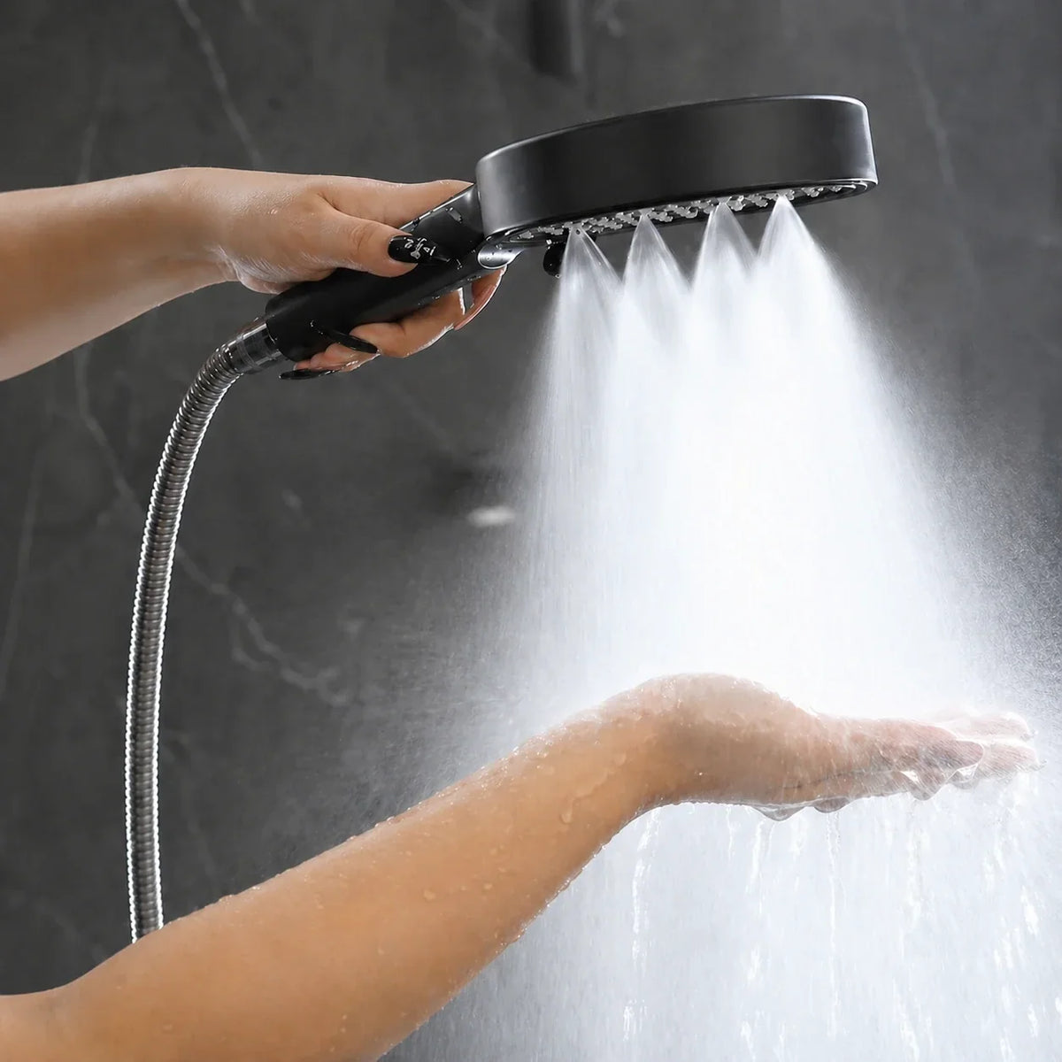 Handheld Shower Head with 7 Spray Settings, High Pressure Chrome Rainfall Showerhead for Bathroom, Adjustable Water Flow Wand for Low