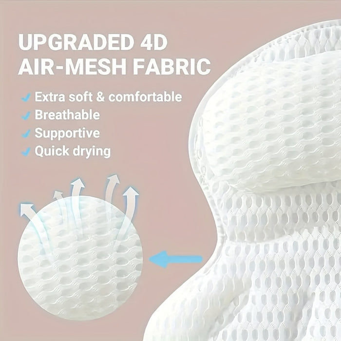 Spa Bath Pillow with Neck and Back Support – 4D Air Mesh Cushion with Suction Cups for Bathtub Relaxation